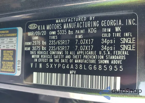 2020 Kia Sorento 2.4L Lx z USA, uszkodzony, nr VIN 5XYPG4A38LG685955